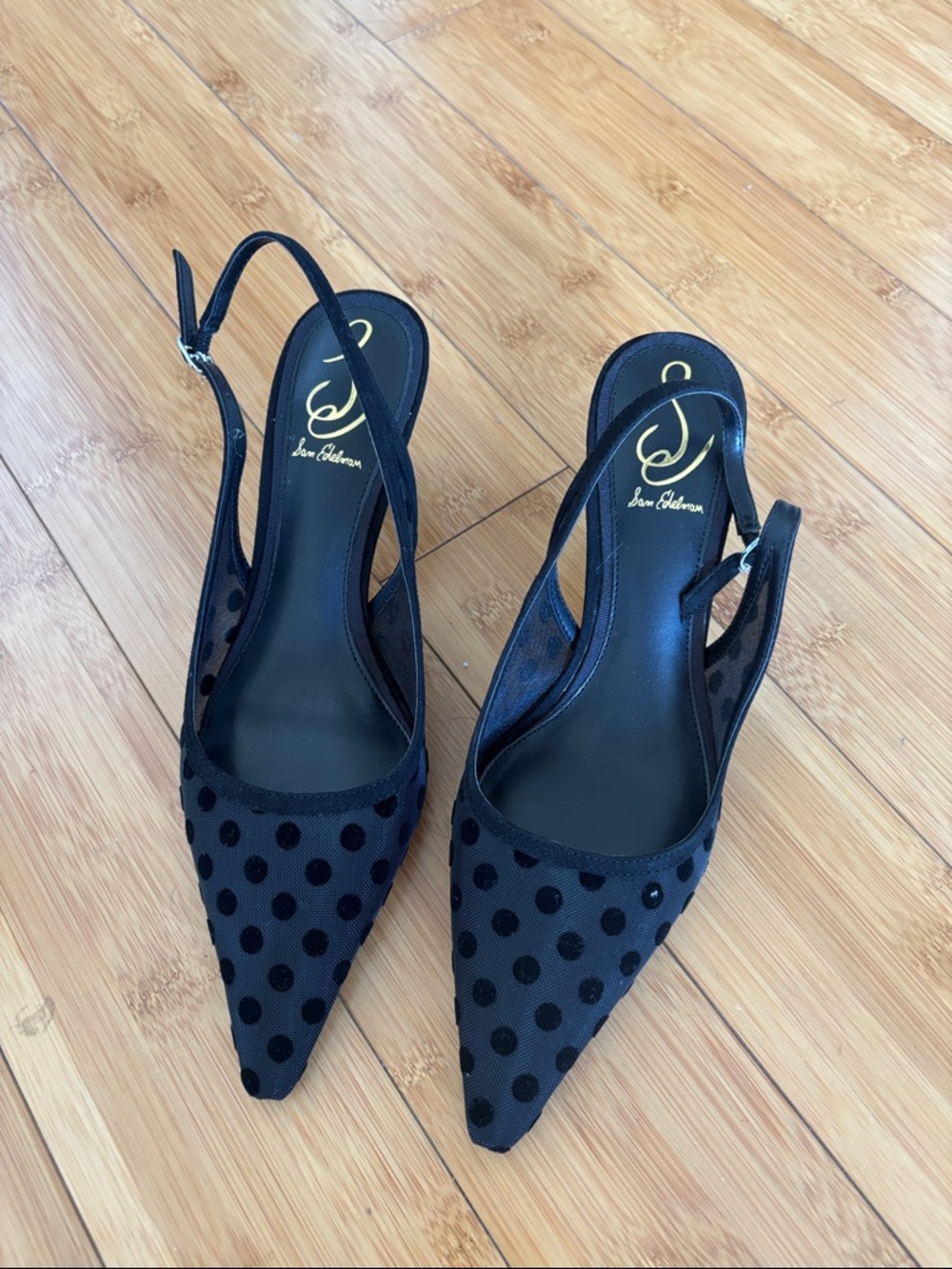 Sam Edelman Black Polka Dot Mesh Slingback Pointed Heels